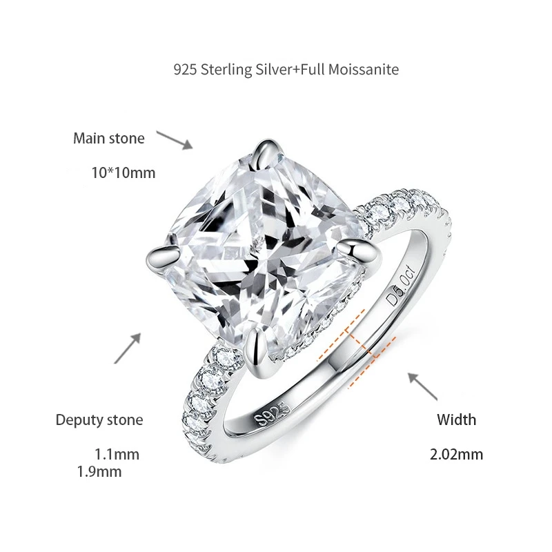 TBCYD 10MM 5CT Cushion Cut D Color Moissanite Ring For Women S925 Silver 18K White Gold Plated Lab Diamond Wedding Ring  Jewelry