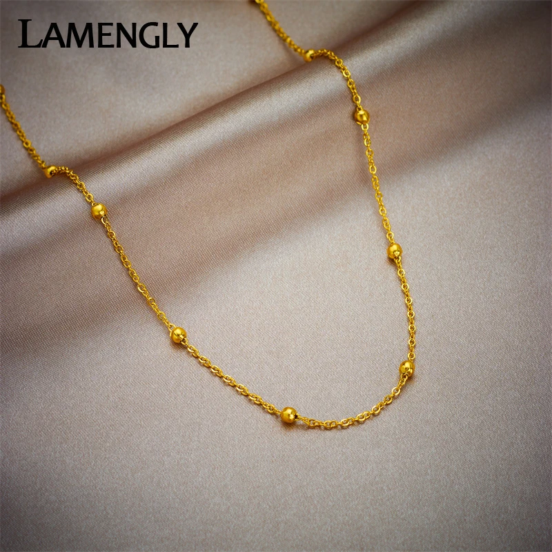 LAMENGLY 316L Stainless Steel Gold Color Ball Chain Necklace For Women New Fashion Girls Choker Jewelry Birthday Party Gifts