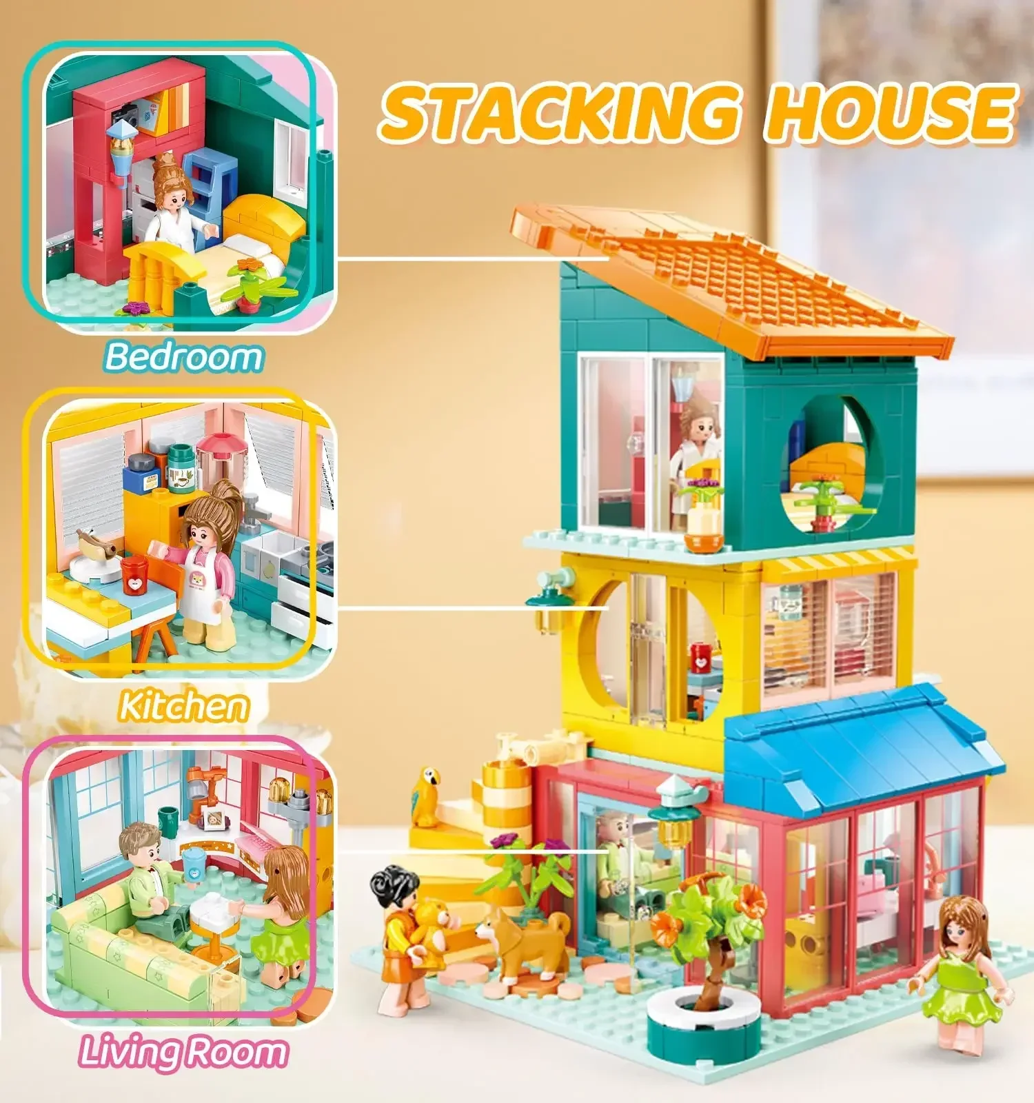 571PCS สีสัน Stacking House Building Blocks ห้องครัวห้องนอนห้องนั่งเล่น DIY ซ้อนอิฐเดสก์ท็อปตกแต่งของเล่นเด็กของขวัญ