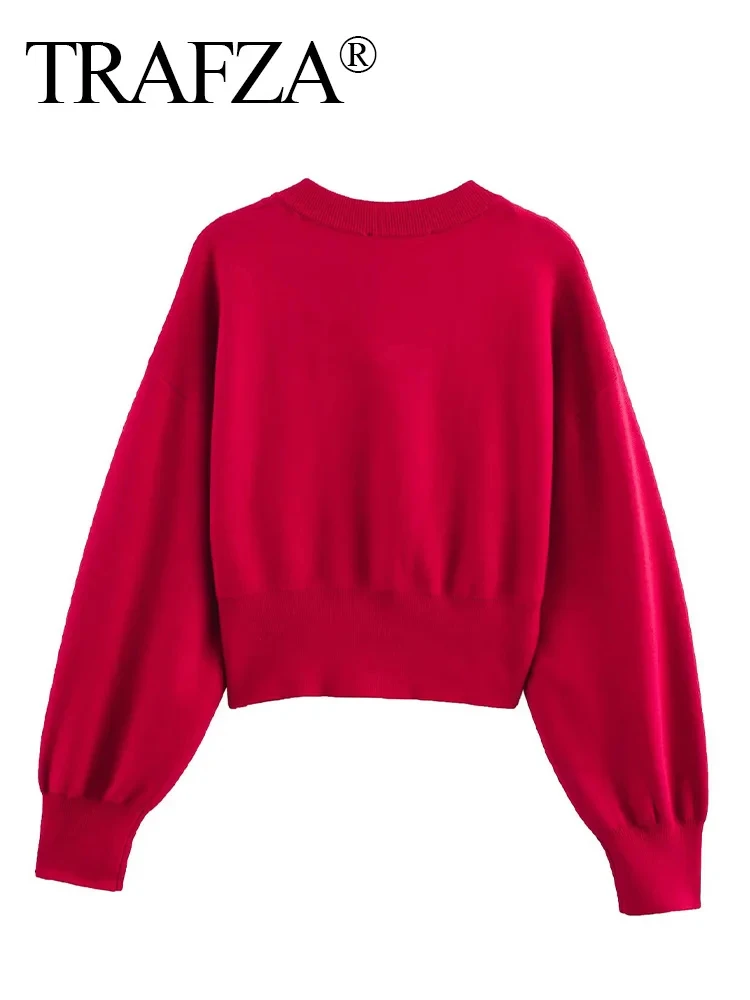 TRAFZA ฤดูใบไม้ผลิผู้หญิงสบายๆถักสีแดง O-คอรูปหัวใจปุ่มเสื้อสเวตเตอร์ถักหญิงแฟชั่นแขนยาวสีแดงเสื้อกันหนาวเสื้อ