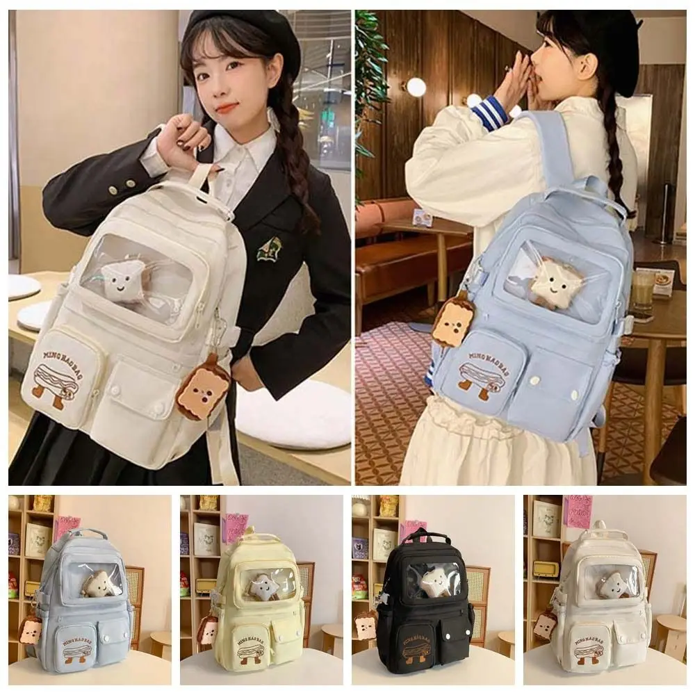 Leisure Bags Student Cartoon Backpack Korean Style Transparent Pocket Korean Girl Schoolbag Large Capacity with Bread Pendant