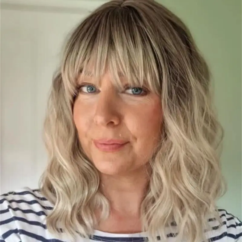 Ombre Ash Blonde With Dark Roots Synthetic Lace Front Wig With Bangs Realistic Hairline Wig For Women Fast Shipping Small/Large