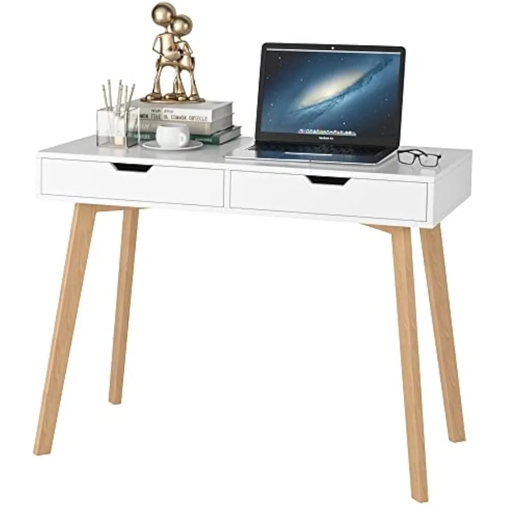 

2-Drawer Modern White Writing Desk: Small Oak-Legged Wood Desk for Home Office & Makeup Use