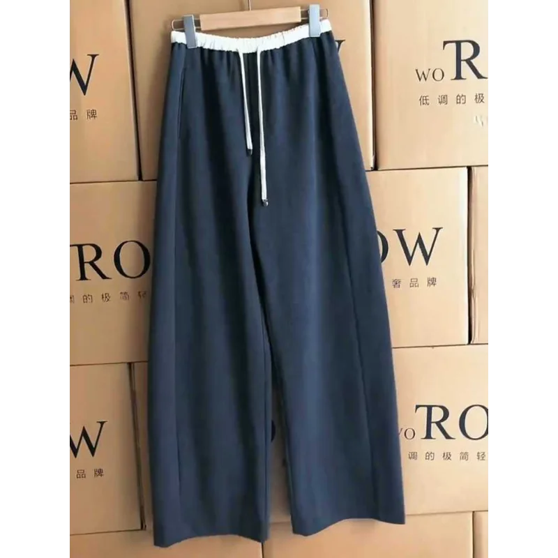 رمادي المرقعة الرباط عالية الخصر بنطال ذو قصة أرجل واسعة المرأة الربيع الصيف فلوي منحني هيم بنطلون