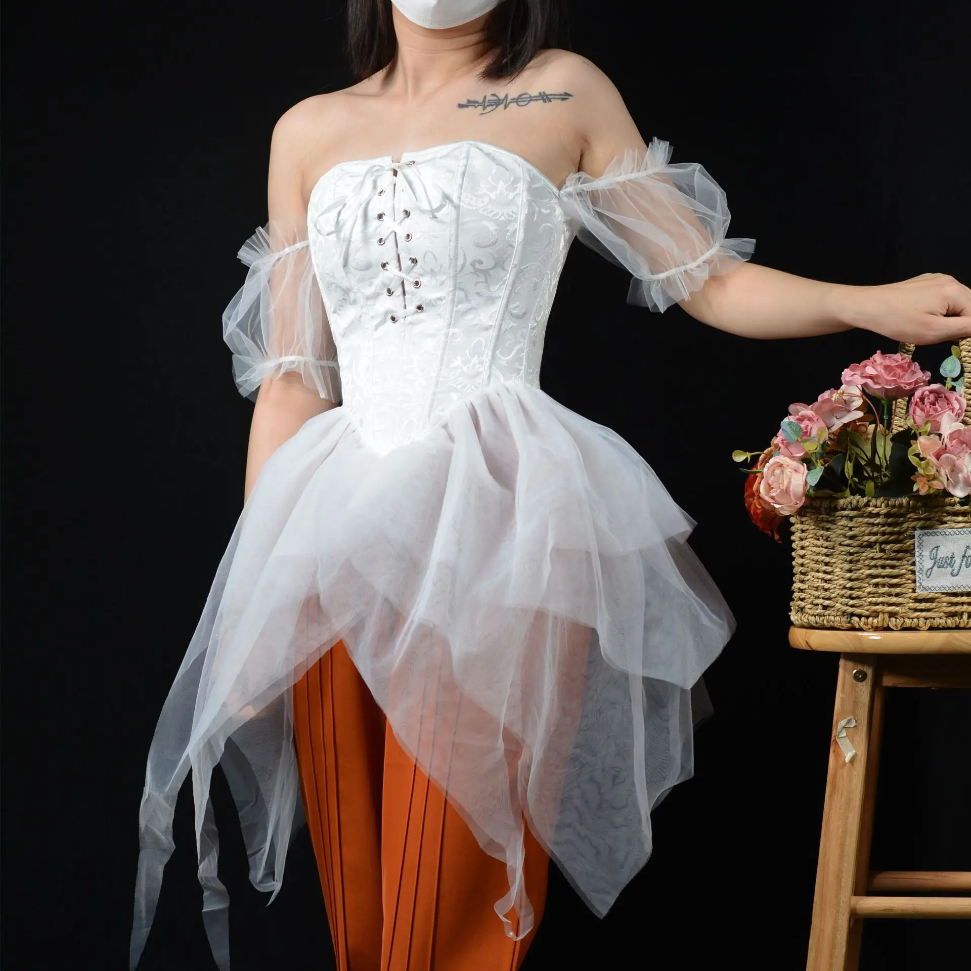 

Jacquard hem mesh sexy bra off-the-shoulder one-word collar small dress light luxury bridesmaid clothes fishbone belly top 2025