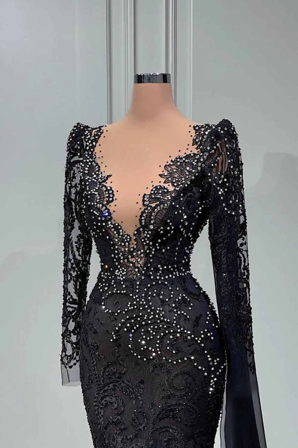 Black Lace Evening Dresses For Women 2024 Mermaid V Neck Elegant Beading Crystal Vestido De Fiesta Wedding Party Gowns Formal