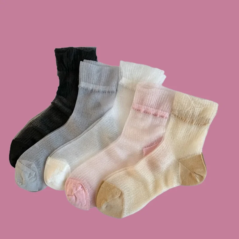 5/10 Pairs Summer Thin Women's Socks Lace Mid-tube Causal Socks Transparent Card Silk Princess Style Sweet Glass Silk Stockings