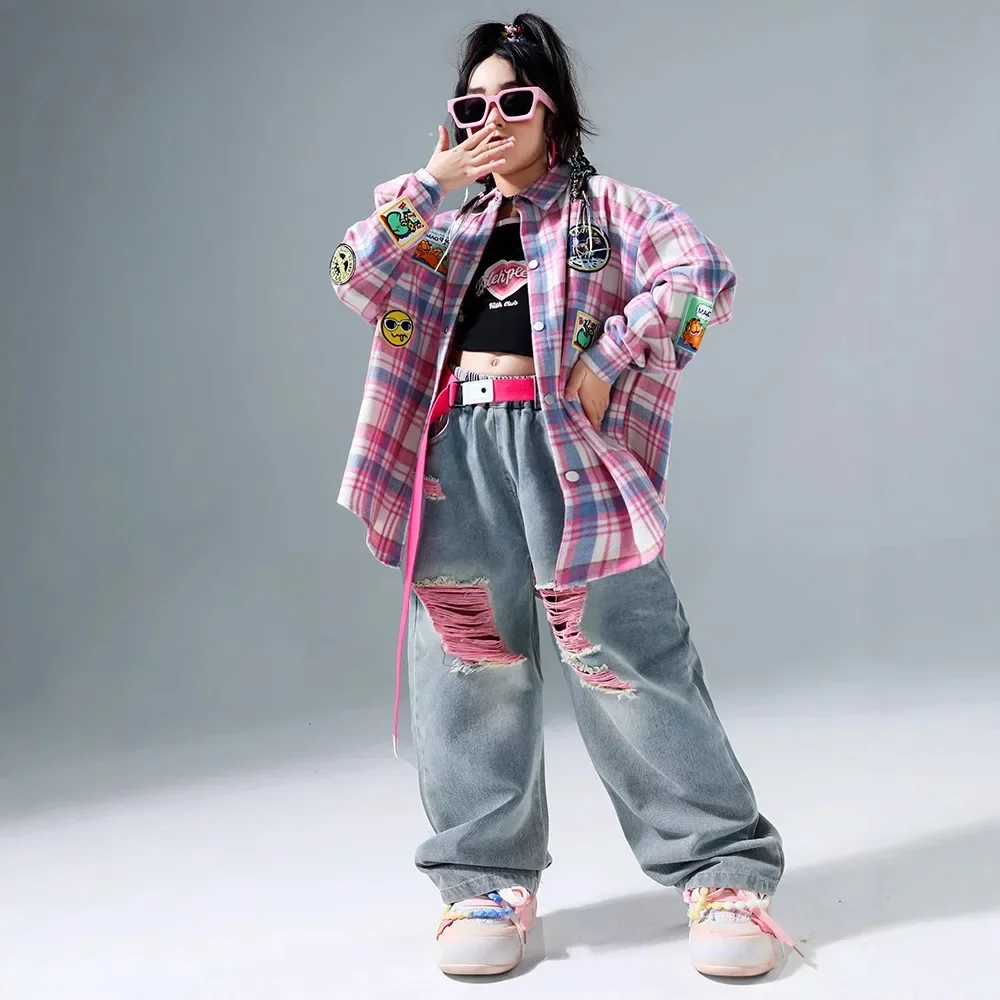 Criança legal hip hop roupas rosa xadrez camisa superior denim casual rua jogger calças de carga para menina menino jazz dança traje roupas