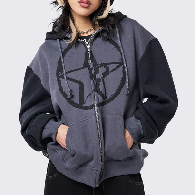 Women Hoodie Graphics Star Print Contrast Color Long Sleeve Sweatshirt Cool Street Zip Up Jacket Outwear Cyber Grunge Coat