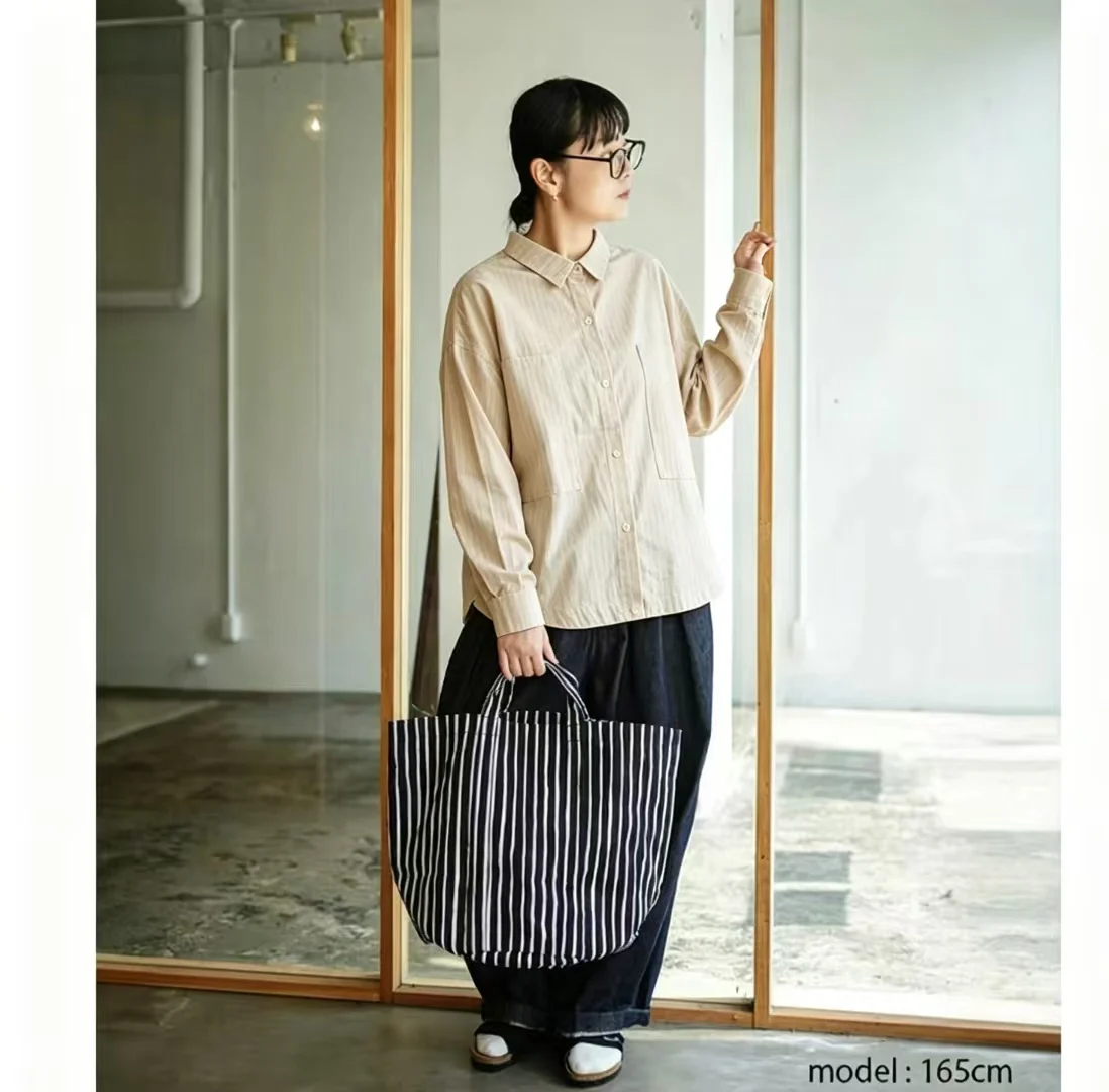 DANTON, chemise ample à manches longues de style japonais pour femmes, nouvelle collection printemps-automne, motif rayé rétro, haut polyvalent pour le travail.