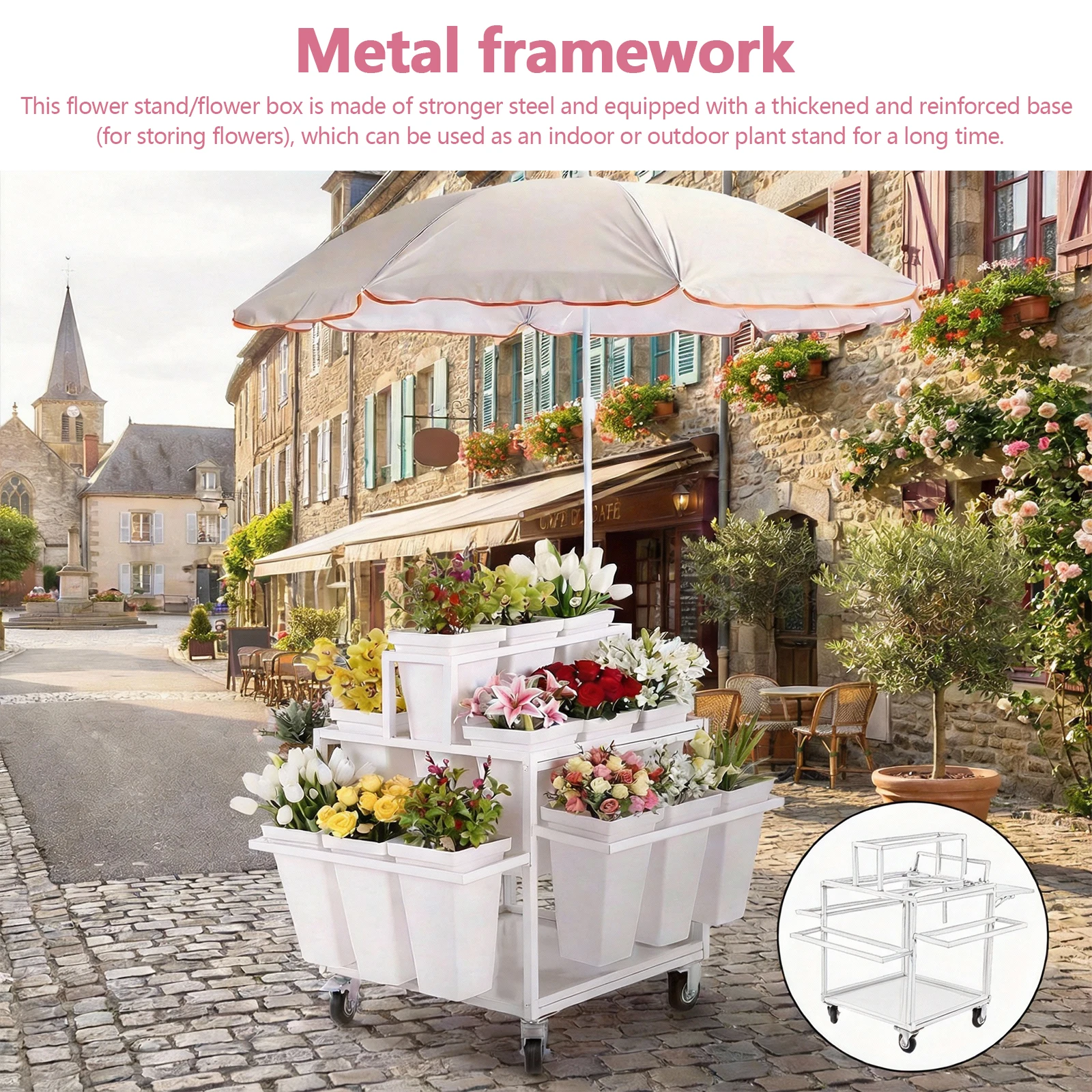 

Heavy Duty Moving Flower Rack with 18 Buckets Mobile Plant Display Rack with Wheels W/ Umbrella for Indoor Patio Garden Home Use