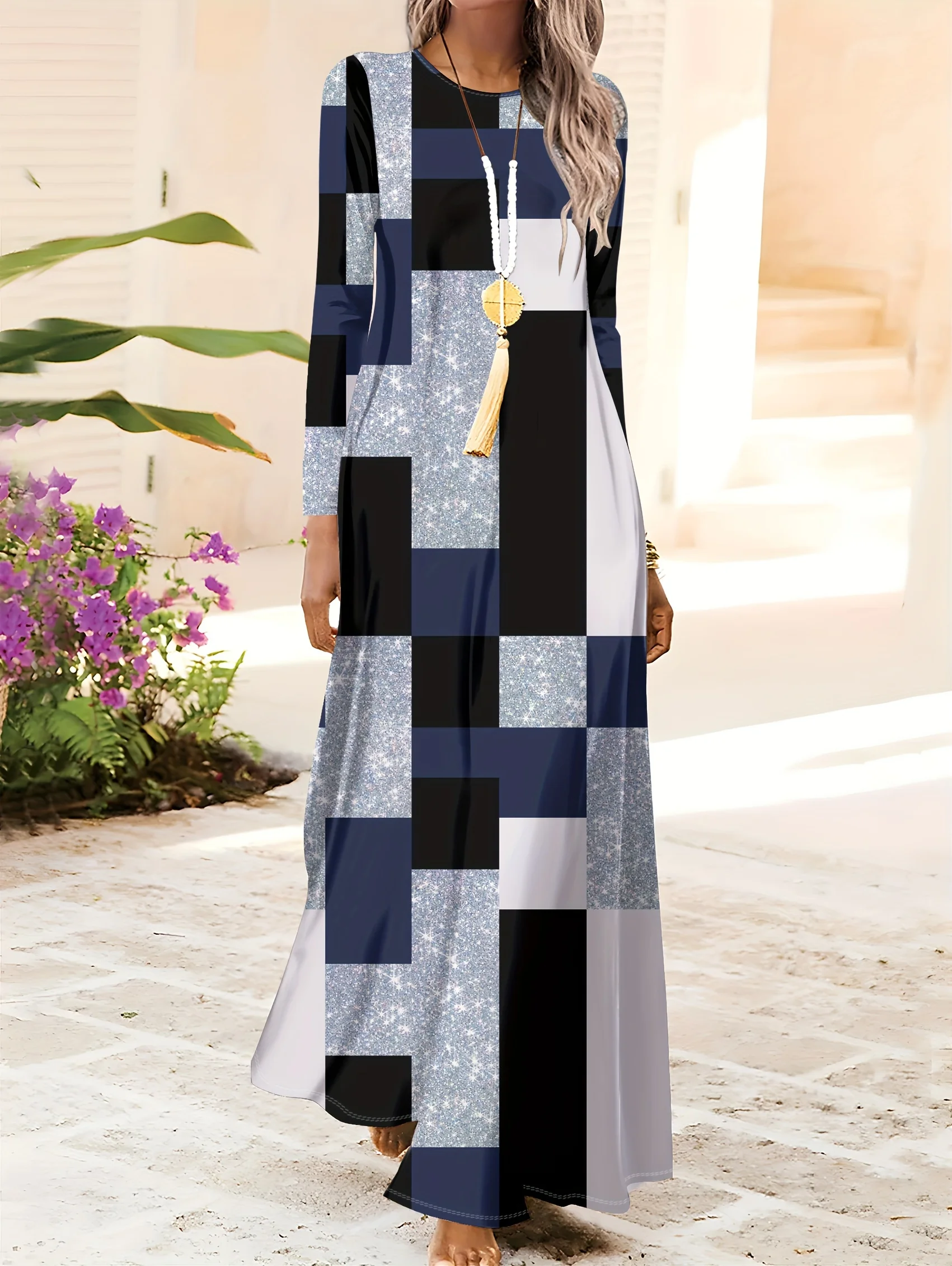 

Женское платье миди с длинным рукавом и круглым вырезом, с геометрическим принтом, в отпускном стиле, элегантное, А-силуэт, для лета, повседневное, офисное