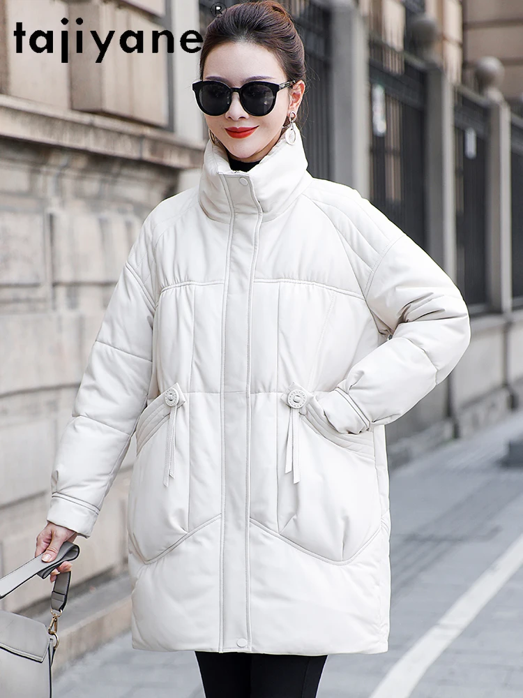 TAJIYANE 100% جلد الغنم بطة أسفل معطف امرأة أنيقة الأبيض سترة منفوخة قسط حقيقية سترات من الجلد ملابس حريمي 2025 신상 Jadiitet