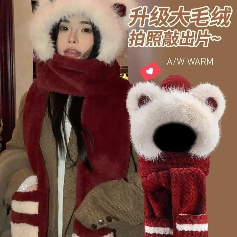 Three-in-one hat Winter Women's Plus Hat Scarf Gloves One-piece Hooded Cute comfort Warm PlushThree-piece Suit To Prevent Cold
