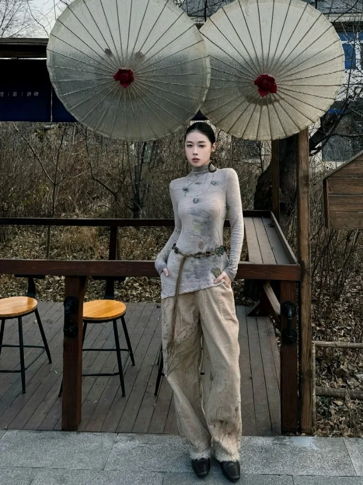 

Slimming Thiened Wool Camere Fce Lined Vintage Sle Long Pants And Top Set Women's Faion Ensemble Casual Wear