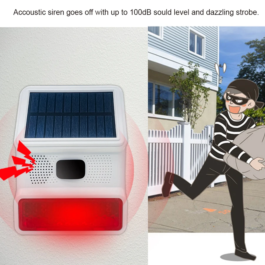 Sirene de alarme, sirene externa sem fio de 433 MHz, externa movida a energia solar com função de alarme de luz piscante LED, fácil configuração, segurança Sy