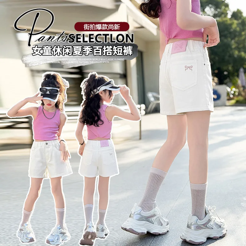 Girls Brief Summer Shorts with Bow Embroidery Children Casual Denim Shorts For Teenager Kids Elegant Above Knee Pants Mini Jeans