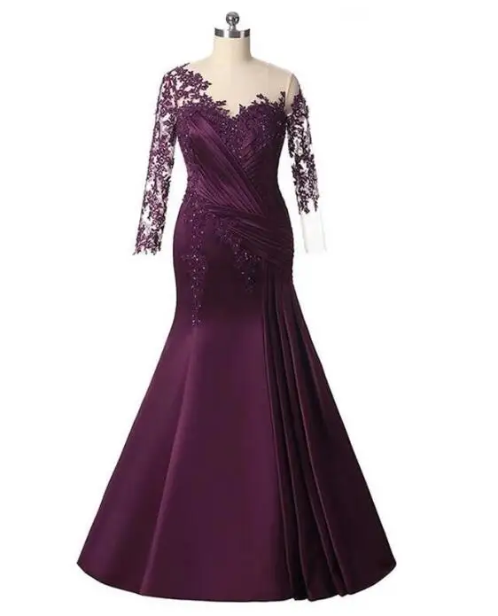 

2022 Stunning Latest Purple Mermaid Mother of the Bride Dresse Lace Wedding Guest Gowns Long Sleeve Jewel Neck Beaded Appliqued