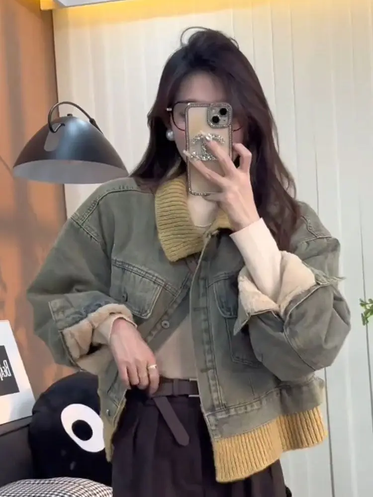 

Ретро-джинсовая куртка в американском стиле с цветным воротником, женская, весна-осень, новая, повседневная, модная, свободного кроя