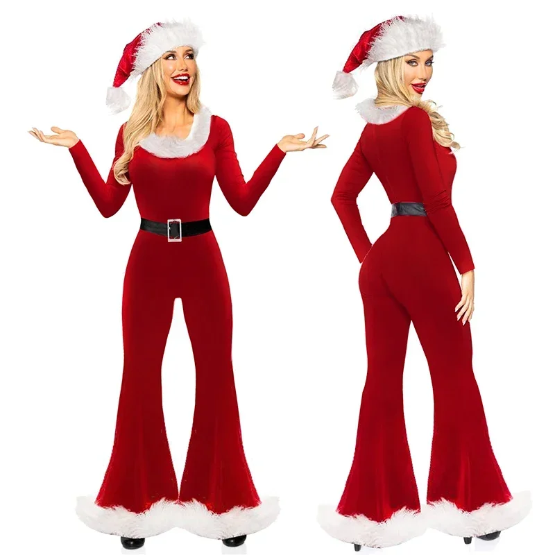 

Women Red Christmas Costumes Cute Long Sleeve Flared Jumpsuit and Santa Hat Set for Cosplay Role-Playing Party Outfits