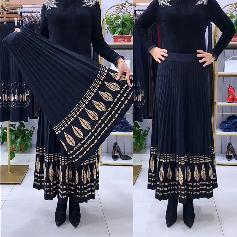 Ethnic Style Knitted Skirt for Women in Autumn and Winter Thickened Large Hem Middle-aged and Elderly Long Jacquard Woolen Skirt