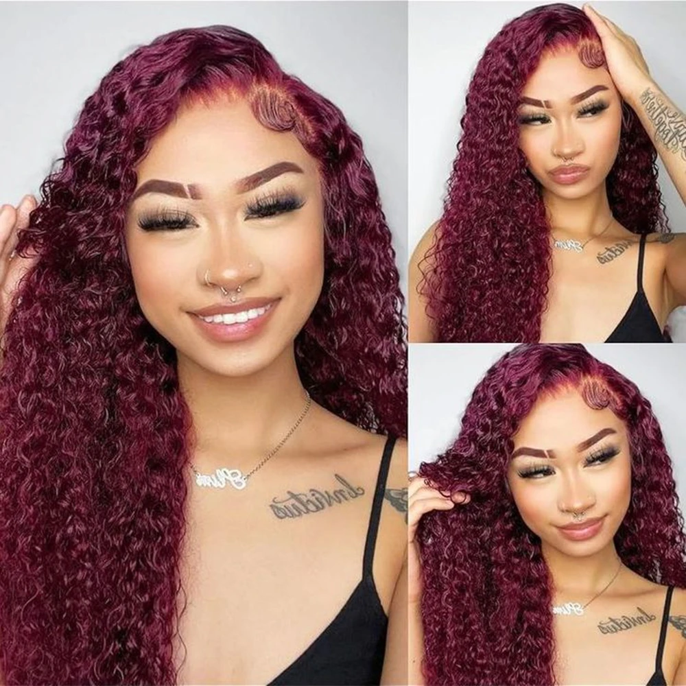

Двойные нарисованные человеческие волосы Pixie Curly 99J # Бесклеевые парики бордового цвета для чернокожих женщин 13x4 HD прозрачные парики фронта шнурка плотность 200%