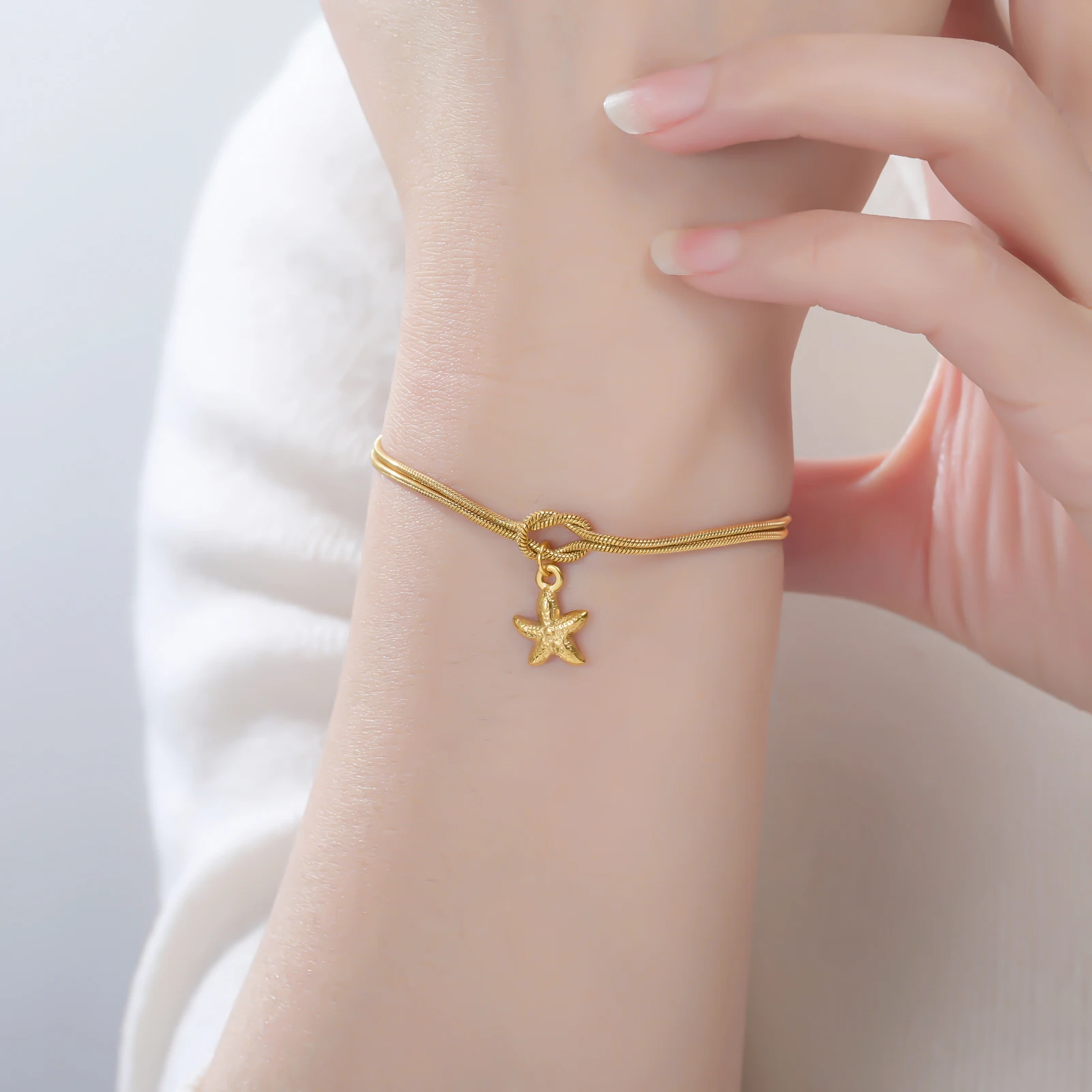 Sea Starfish Shell Conch Charm Love Knot Chain Bracelet Stainless Steel Trendy Bracelets for Women Summer Beach Jewelry Gift