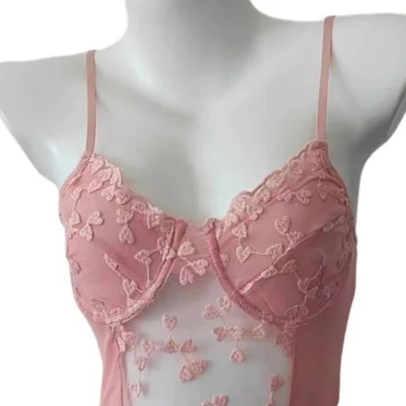Conjunto de lencería Sexy para mujer, ropa de dormir, sujetador, camiseta sin mangas, bordado de gasa roja rosa, ropa interior Sexy de encaje con cuello Halter, pelele, ropa para el hogar
