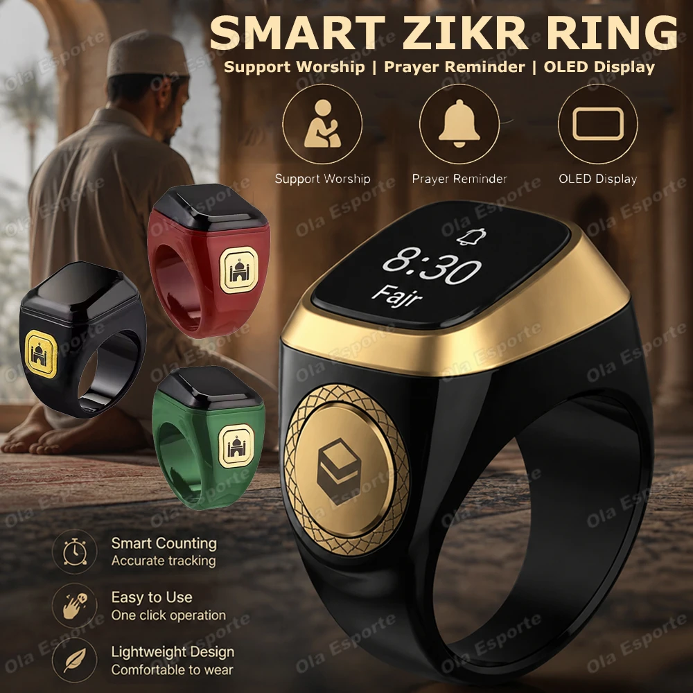 Qibla Smart Tasbih Zählwerk Muslimische Zikr-Ringe Digitaler Tasbeeh 5 Gebetszeiten Vibrationsalarm Wasserdichter Smart Ring 2026