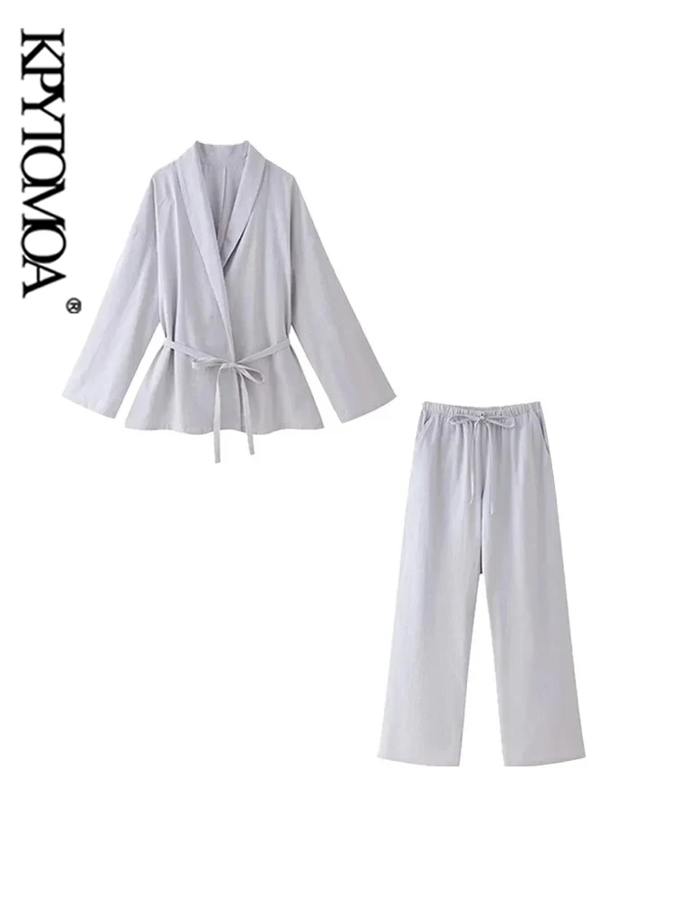 KPYTOMOA Women Fashion With Belt Loose Kimono Blouses And Mid Elastic Waist With Drawstring Trousers Female Two Piece Sets Mujer