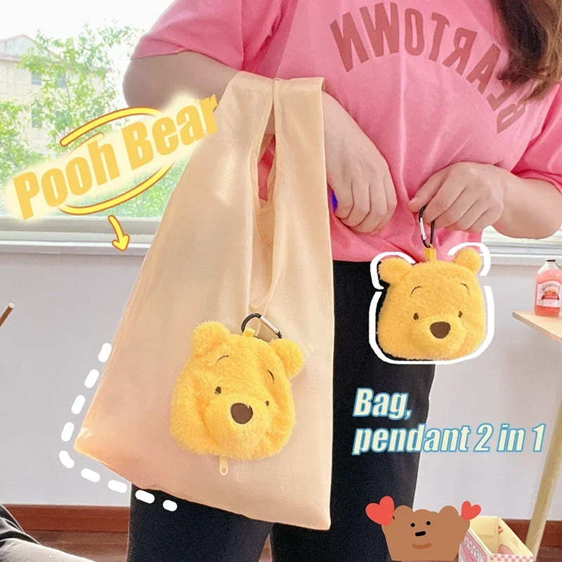 2 in 1 Disney Pooh Bear Shopping Bag Backpack Pendant Cartoon Anime Storage Bags Foldable Plush Tote Handbag Children Charm Gift