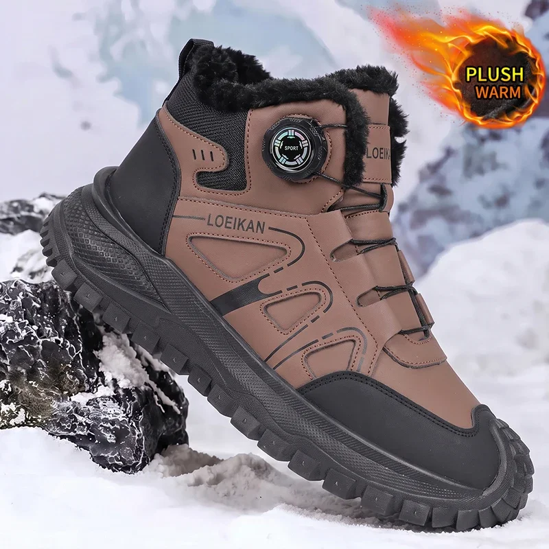 Men Plush Lined Snow Boots Rotary Buckle Design Thick Sole Non-slip Warm High Top Winter Footwear