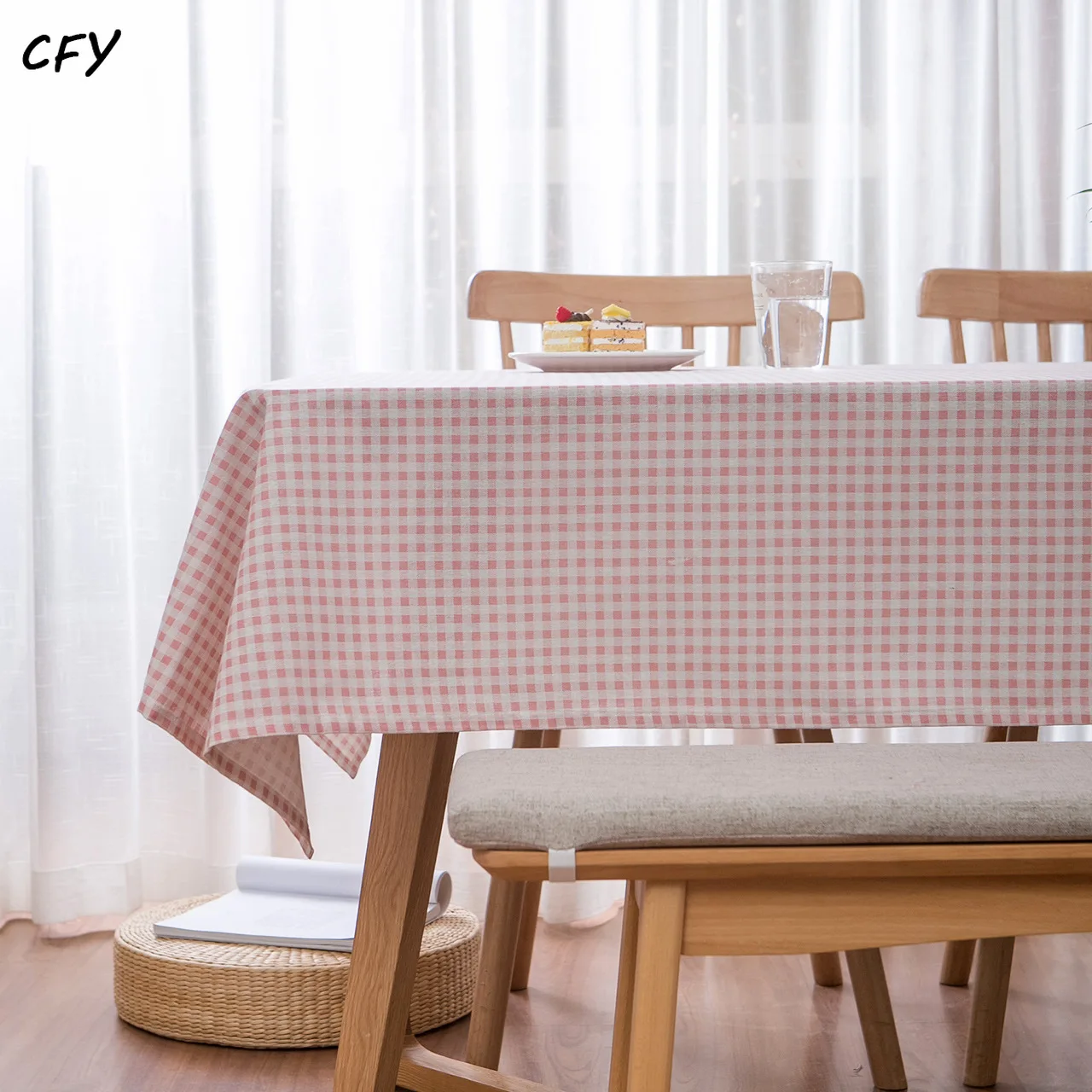 Cotton and Linen Pink Checkered Pastoral Style Rectangular Tablecloth Tea Table Pad Meal Cloth Photo Background Cloth