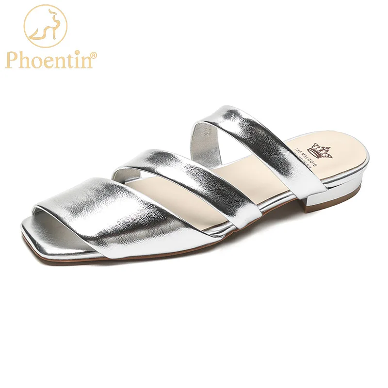 Phoentin 2023 Women Square Toe Slippers Summer new low Heels Fashion Ladies Sandals Casual Outside Slides mules shoes  FT2540