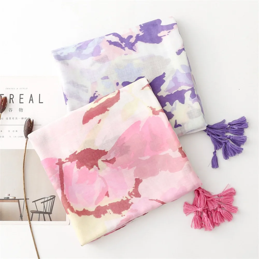 

Korean Tassel Viscose Shawl Scarf Elegant Wash Painting Style Chiffon Shawl Wrap Luxury Printing Soft Thin Scarf Four Seasons