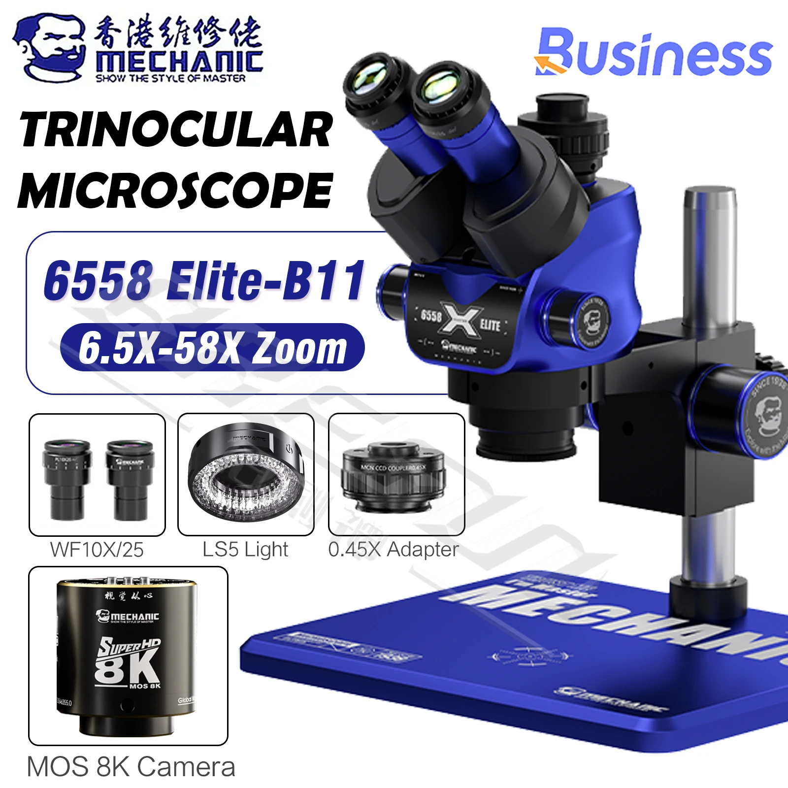 Trinocular Stereo Microscope 6.5-58X Zoom 500X Max