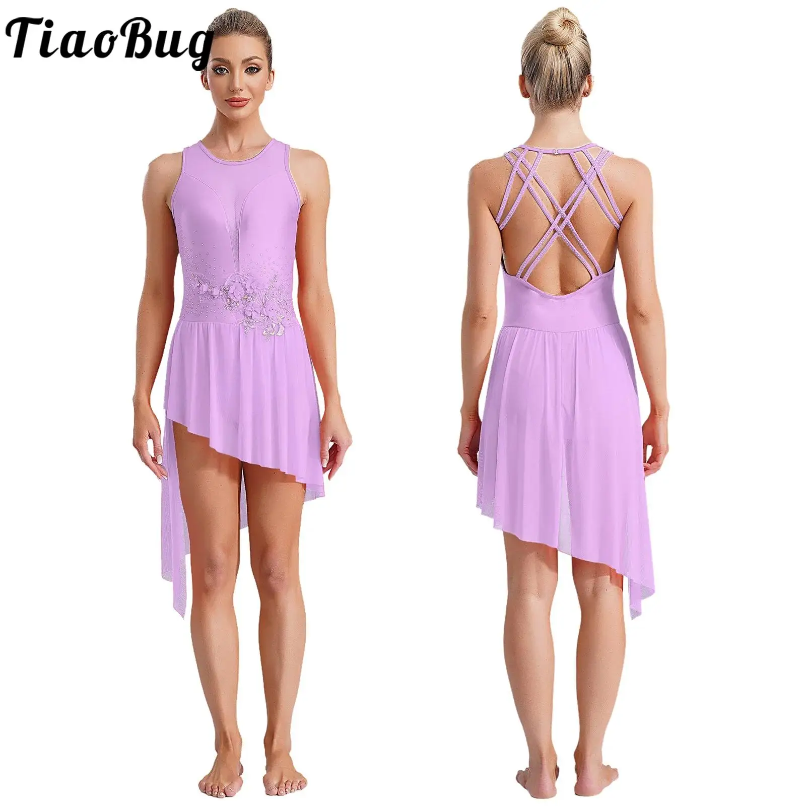 

Women Applique Lyrical Dance Dress Flowy Hem Leotards Figure Skating Performance Costume Sleeveless Cutout Strappy Back Dress