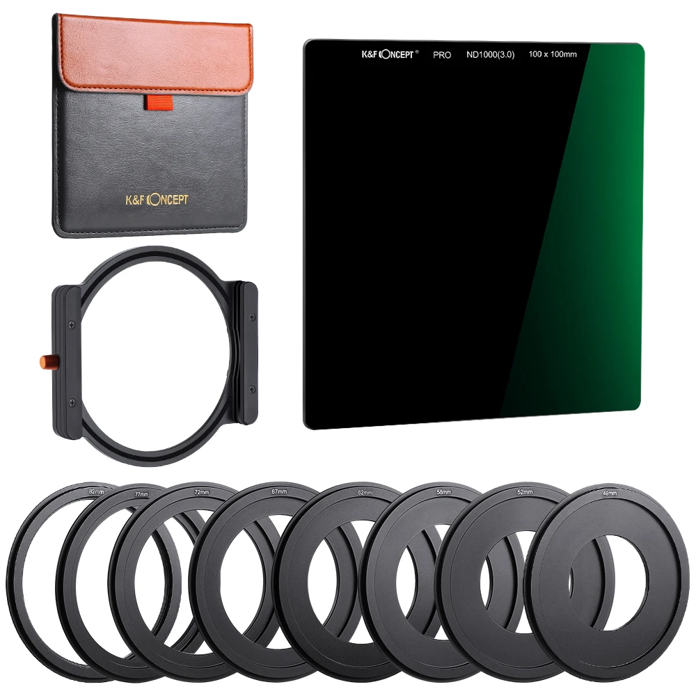 K&F Concept 100mmx100mm ND1000 Square Filter Lens Filter with Metal Holder + 8pcs Adapter Rings for Canon Nikon Sony Camera Lens