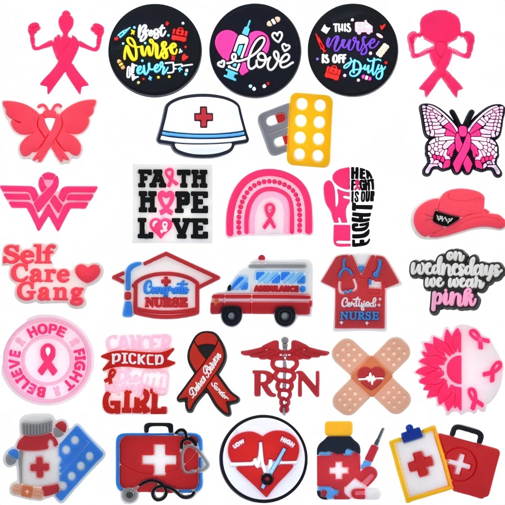 

30Pcs Medical Shoe Decoration Charms , Doctors Nurses Themed Shoe Charms , Breast Cancer Shoe Charms for Adult Women Girls