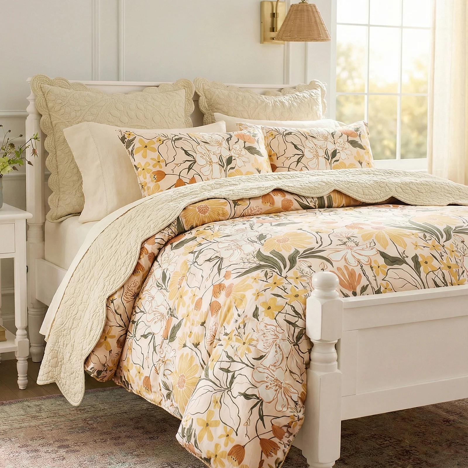 100% Cotton Duvet Cover Set King Vintage Floral Bedding Set Green Leaf Branches Flower Pattern 3 Pcs Super Soft Durable Duvet Cover with Zipper Closure