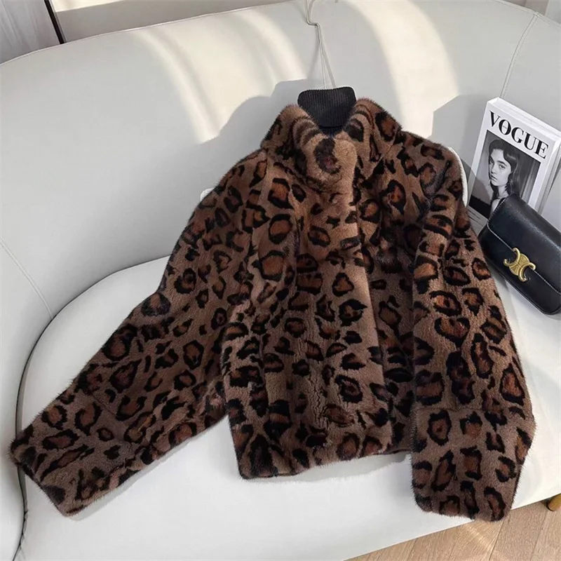 Leopard-print Fur Coat Women's Short Mink Fur Jacket Autumn Winter Stand-up Collar Thicken Casual Outerwear Faux Fur Overcoat