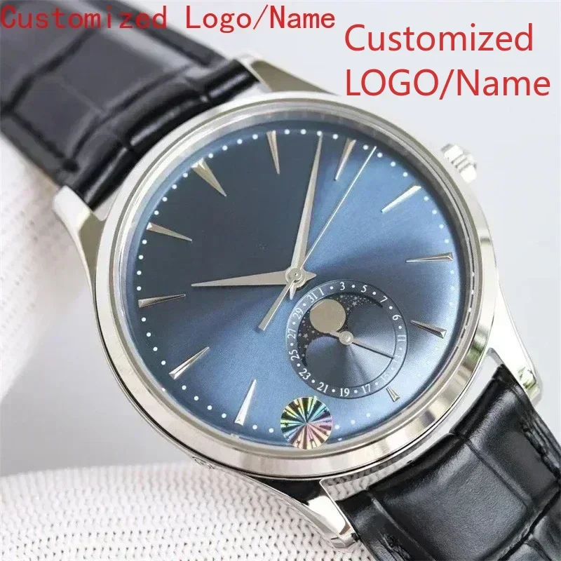 ساعة يد ميكانيكية أوتوماتيكية فاخرة للرجال من الفولاذ المقاوم للصدأ باللون الأسود والأزرق من الجلد MoonPhase ساعة يد رياضية مخصصة