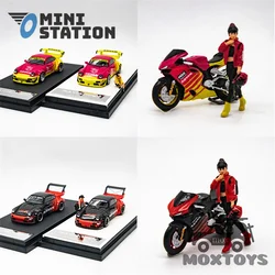 Mini Station 1:64 RWB 964 ADVAN & Motorcycle with figure Diecast Model Car