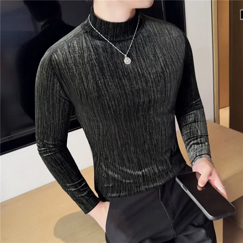 Men's Autumn and Winter High Quality Canary Velvet T-shirts Male Slim Fit High-neck Long Sleeve T-shirt 4XL-M