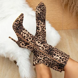 Liyke Sexy punta a punta Party Nightclub Stripper Leopard Print stivali donna tacchi alti al ginocchio autunno inverno scarpe con cerniera Stiletto Mujer