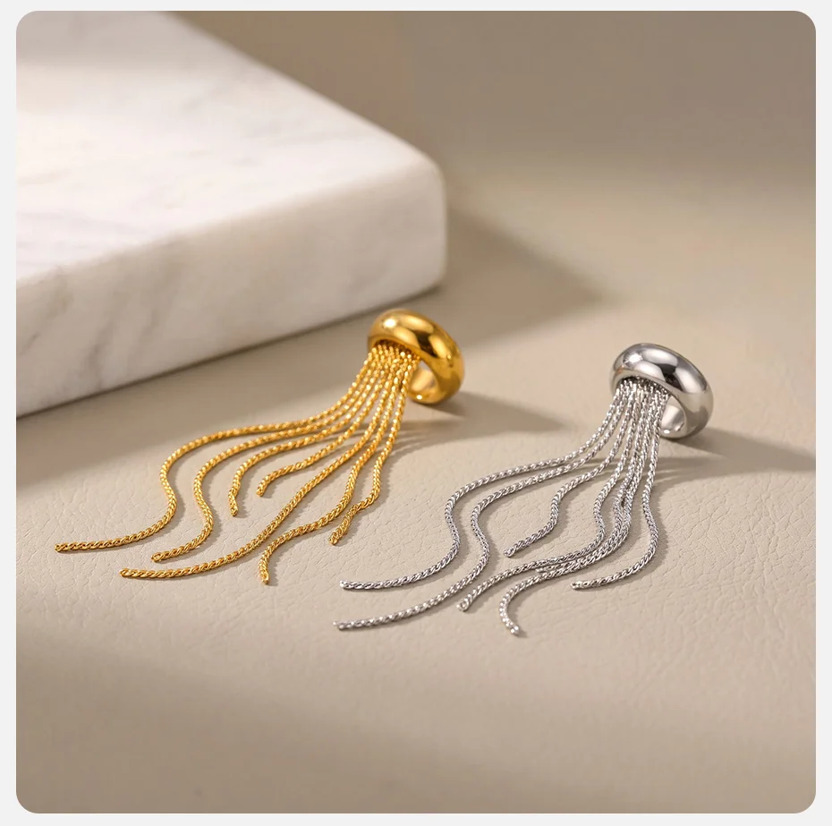 Vnox Trendige Lange Quasten-Ohrclips für Damen aus Edelstahl, Ohne Piercing, Wasserdicht, Antiallergisch – Detail 5