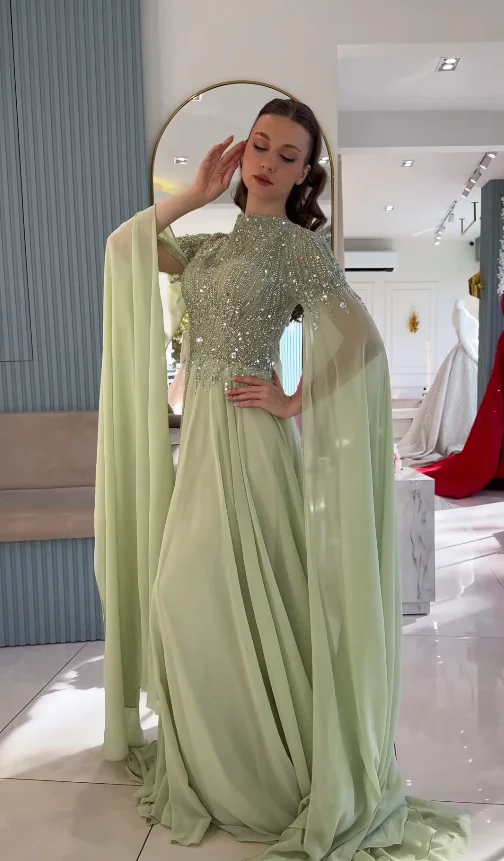

Customized Halter Green Floor-Length Women's Formal Evening Gowns Semi-formal occasions Haute couture dress Chiffon