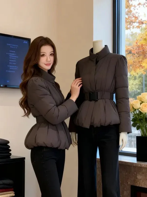 

Faionable ort Waist-Cinching Stand Collar Cotton Jaet Women's Winter Outerwear Warm High-End Feel Coffee Color Coat
