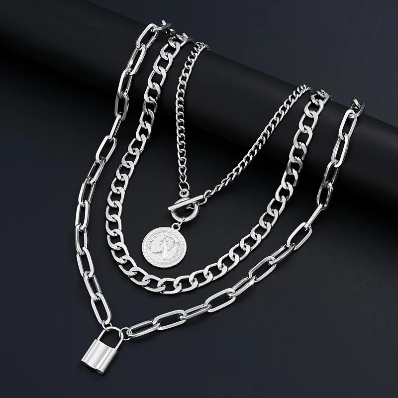 Coin Pendant Muti-Layer Necklaces For Women Men Punk Silver Color Stackable Lock Metal Chain Necklace Party Fashion Jewelry