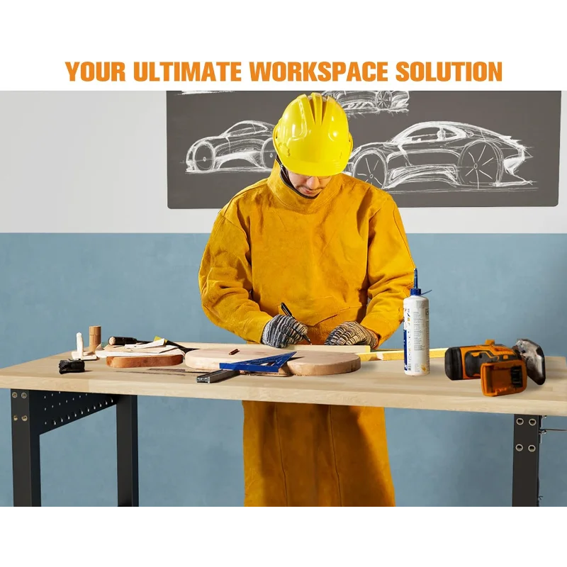 84“ Adjustable Heavy Duty Workbench with 4 AC Outlet and 2 USB Ports Power Outlets, 5000 Lbs Capacity, Rubber Wood Top